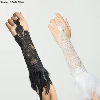 Женские кружевные перчатки с длинными перьями без пальцев, браслет, готическая сетчатая манжета, Свадебные Аксессуары для вечеринки на Хэллоуин