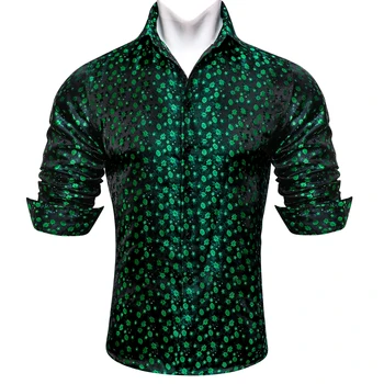 Роскошные рубашки для мужчин с длинным рукавом и зеленым цветком, Тонкие, вышитые шелком Весенне-осенние повседневные топы с отложным воротником Barry Wang