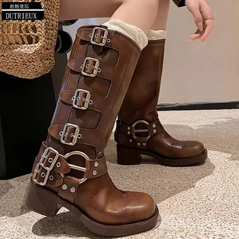 Осенние женские современные ботинки в стиле вестерн на высоком каблуке 2023 года, модные туфли-лодочки из натуральной кожи в стиле панк, Женская обувь 