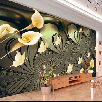 Изготовленные на заказ обои высокого класса с золотым освещением lily butterfly роскошная гостиная ТВ фон стены домашнего декора фреска из папье-маше