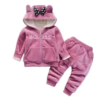Комплекты одежды для маленьких девочек, зимняя теплая верхняя одежда из плотного плюша и хлопка с длинными рукавами для мальчиков, костюм со штанами, комплект для малышей на 1-4 года