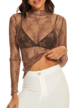 Женский сетчатый сексуальный прозрачный топ с длинным рукавом, имитирующий вырез, модная кружевная повседневная прозрачная рубашка с цветочной вышивкой, топы для пляжа