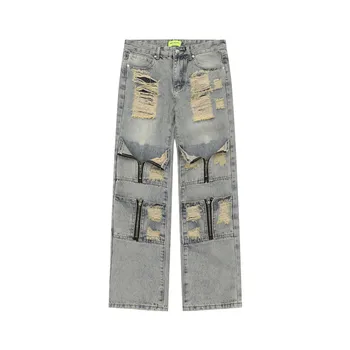 Модные джинсы Hi Street в стиле хип-хоп оверсайз, уличная одежда Y2K, разрушенные джинсовые брюки с дырками, Рваные брюки свободного кроя