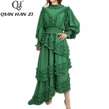 QHZ Дизайнерские модные Элегантные вечерние платья для женщин 2023, рукава-фонарики, с рюшами, сращивание, Тонкое винтажное длинное платье для отпуска
