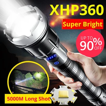 5000000LM Светодиодный фонарик XHP360 высокой мощности, уличная USB-зарядка, COB Light, водонепроницаемый фонарик с дальним увеличением, алюминиевый для кемпинга