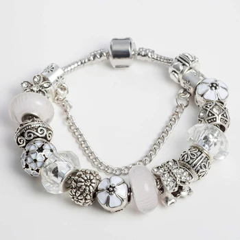 VIOVIA Белый цветок, горный хрусталь, стеклянные бусины, браслеты из старинного серебра Для женщин, модные украшения, подарок для девочки B15262