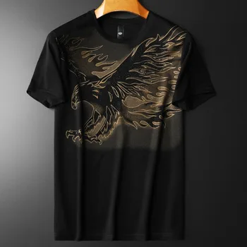 Горячая дрель с рисунком животного Орла, Мужская футболка с коротким рукавом, Повседневная уличная одежда с круглым вырезом, футболка со стразами, Дышащая футболка
