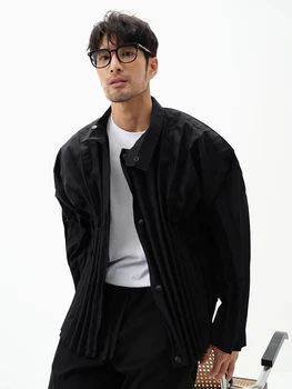 Мужская одежда в складку Miyake, дизайнерская куртка с воротником-стойкой на молнии и пуговицах