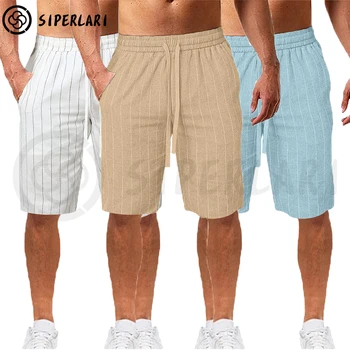 Мужские шорты из хлопка и льна, повседневные брюки, мужские летние дышащие короткие брюки с завязками в вертикальную полоску, льняные брюки M-3XL