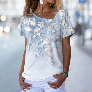 Летняя футболка 2023 года с короткими рукавами и диагональным воротником с цветочным принтом, свободная футболка, Модные повседневные уличные женские топы, винтажная блузка