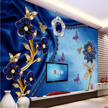 wellyu Изготовленная на заказ большая фреска благородный синий шелк бриллиантовый цветок ТВ фон экологические обои papel de parede para quarto