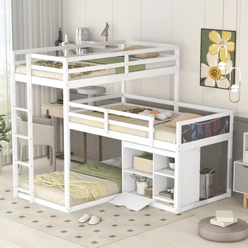 Г-образная Деревянная Трехъярусная кровать Twin Size со Шкафом Для хранения Вещей и Классной доской, Лестница, Белый
