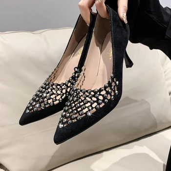 2023, Новые женские модные сетчатые босоножки на высоком каблуке со стразами, тонкие туфли на заостренном каблуке, модные тонкие туфли для вечеринок, Элегантные туфли-лодочки черного цвета