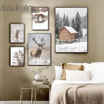 Плакаты с оленями на стенах Картины с дикими животными на холсте Принты из снега и леса, картины из сена и тростника, декор для гостиной в скандинавском стиле