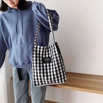 Модная прочная женская студенческая хлопчатобумажная льняная сумка на одно плечо, сумка для покупок в клетку, женские сумки для покупок из льняного полотна.