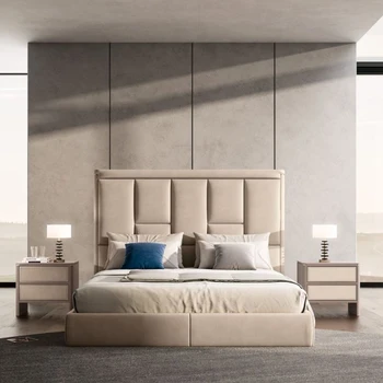 Итальянская легкая Роскошная Двуспальная кровать в постмодернистском стиле, мебель для спальни из нержавеющей стали, Главная спальня, Итальянский дизайнер, Текстурированная кожа
