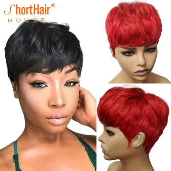 Красный цвет Короткие парики из человеческих волос Pixie Cut Волна Remy Бразильские волосы для чернокожих женщин Дешевый бесклеевой парик машинного производства