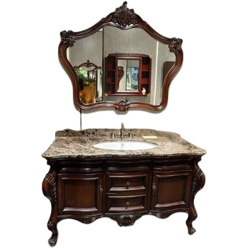 Шкаф для ванной комнаты из антикварного дуба в европейском стиле, Мраморная столешница, умывальник, мебель для ванной комнаты