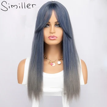 Синтетический парик Similler Long для женщин, сине-серый парик Омбре с челкой, прямые волосы, термостойкие Pelucas