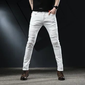 Рваные джинсы для мужчин, обтягивающие белые джинсы, стрейчевые джинсовые брюки, джинсы, мужские джинсы, Брендовая уличная одежда, заплатанные, потертые, большого размера