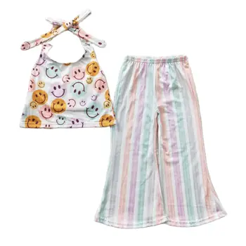 Бутик одежды для маленьких девочек, весенне-летние модные топы на бретелях и расклешенные комплекты для малышей, повседневные костюмы из ткани от 1 до 14 лет