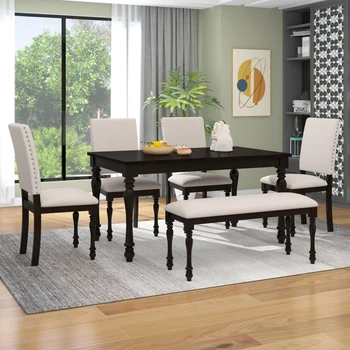 Обеденный стол из дерева из 6 предметов, прямоугольный стол с точеными ножками, 4 мягких стула и скамейка для столовой (эспрессо)