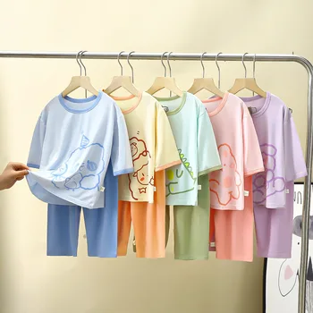 Летняя детская домашняя пижама из модала с коротким рукавом для мальчиков и девочек, одежда с кондиционером, корейская прохладная дышащая пижама