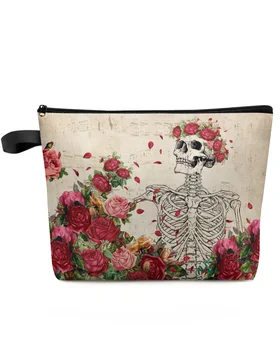 Дорожная косметичка в стиле ретро с черепом и розой, портативная сумка для хранения косметики, женский водонепроницаемый пенал
