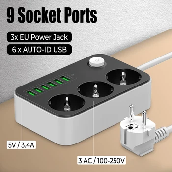 USB Power Strip 3 адаптера переменного тока, Розетки, Порты для розеток ЕС, Удлинители, 6 USB-зарядных устройств 100-250 В, 5 В 3.4A, кабель длиной 2 м, 9 В 1