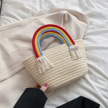 Летняя милая ручная сумка Rainbow, женская сумка из хлопчатобумажной нити ручной работы, женская сумка из соломы, универсальная повседневная тканая пляжная сумка