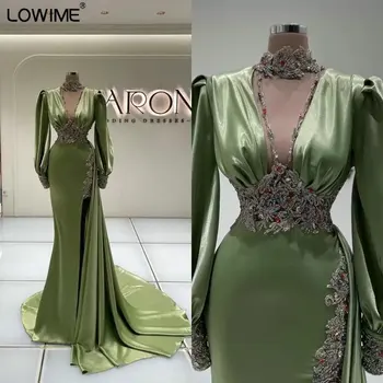 Мятно-зеленые платья с разрезом в виде русалки с высоким воротом и длинным рукавом, расшитые бисером роскошные вечерние платья для арабских женщин Vestidos