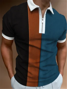 Новая рубашка-поло для мужчин, летняя рубашка-поло в полоску с коротким рукавом и принтом, футболки, топы, модная мужская рубашка-поло на молнии