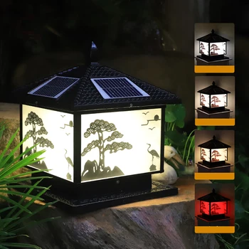 TEMAR Solar Post Lamp Outdoor Vintage Pine Crane Decor Pillar Light LED Водонепроницаемый IP65 для Домашнего Двора Крыльца