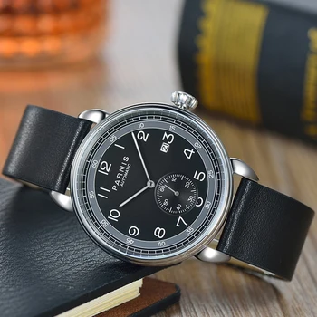 Модные мужские часы Parnis 42 мм с черным циферблатом, кожаный ремешок, календарь, мужские водонепроницаемые часы reloj hombre 2023
