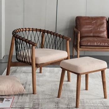 Скандинавское кресло для отдыха в гостиной, современный минималистичный балкон, спальня, веревочный односпальный диван, кресло из массива ясеня, ротанговый стул