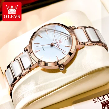 Оригинальные женские часы OLEVS с ремешком из натуральной керамики, Роскошное Элегантное платье, Белый Женский браслет, Наручные часы Reloj Mujer