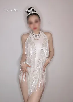 Высококачественное индивидуальное жемчужно-белое платье с кисточками в виде листьев, фиолетовое платье с кисточками и блестками, цельное платье для вечеринки в ночном клубе gogo guests at night perfor